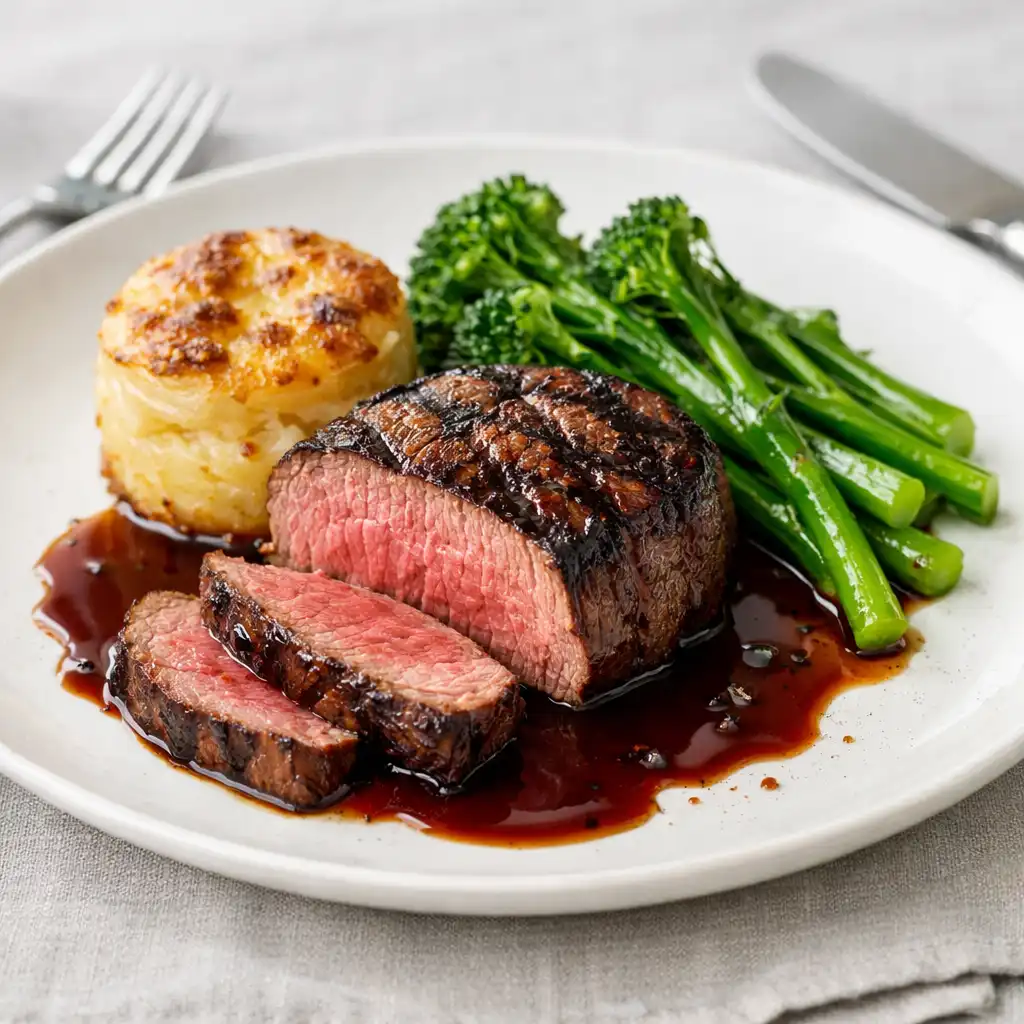 Char-grilled grass-fed beef fillet with potato gratin and broccolini