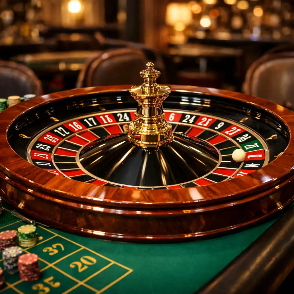 Physical roulette table with black and red wheel, green felt, and gold accents in a sophisticated dimly lit room