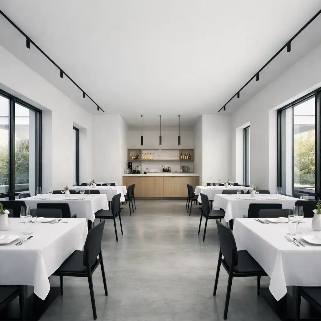Bright and sophisticated main dining room at Perfect-Way-Consulting Szolgáltató Betéti Társaság with white walls, light gray floors, and black metal accents