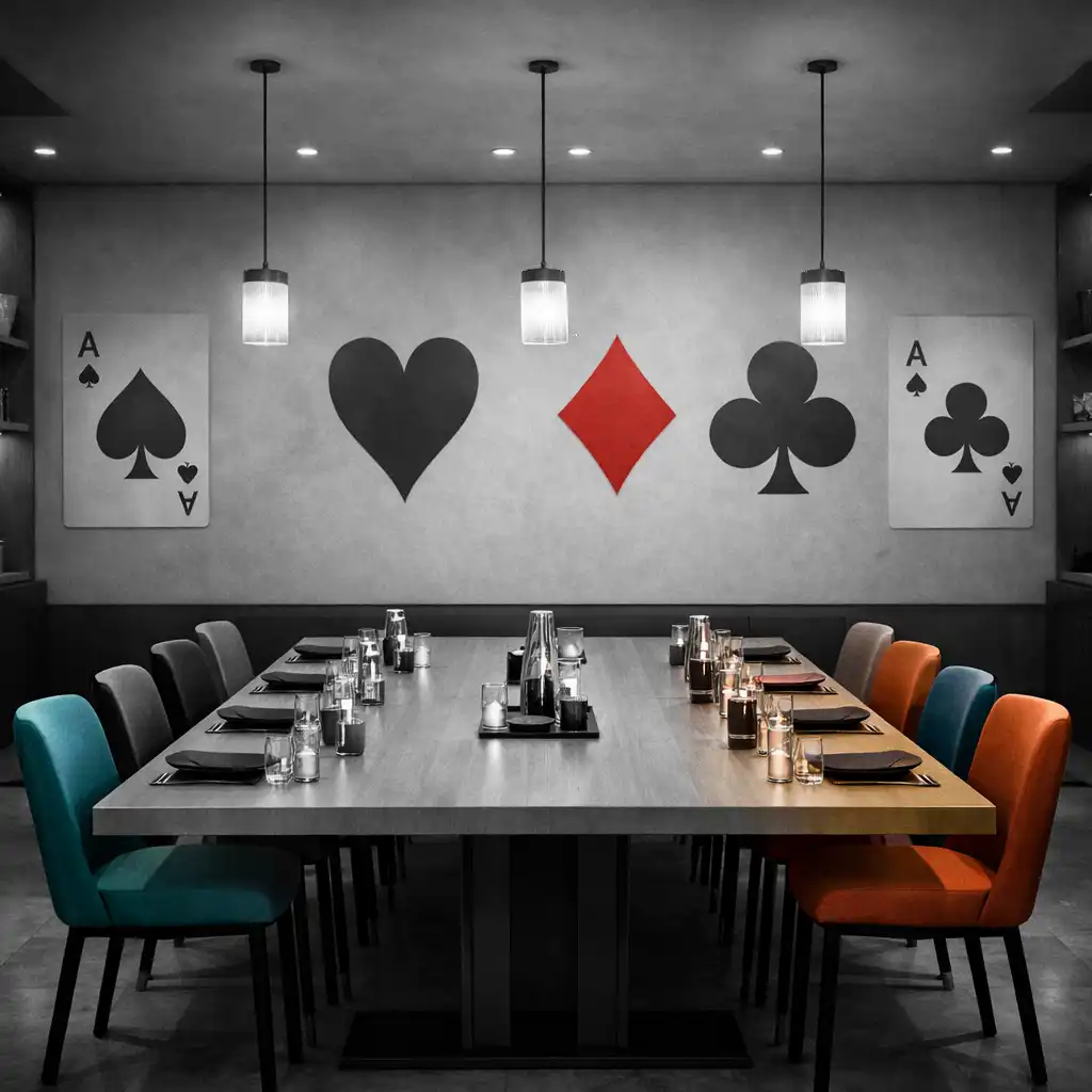 Contemporary restaurant interior with a long communal table and modern chairs, featuring subtle playing card wall art