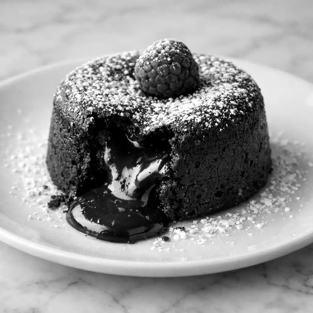 Chocolate fondant with molten centre, dusted with powdered sugar and garnished with a red berry