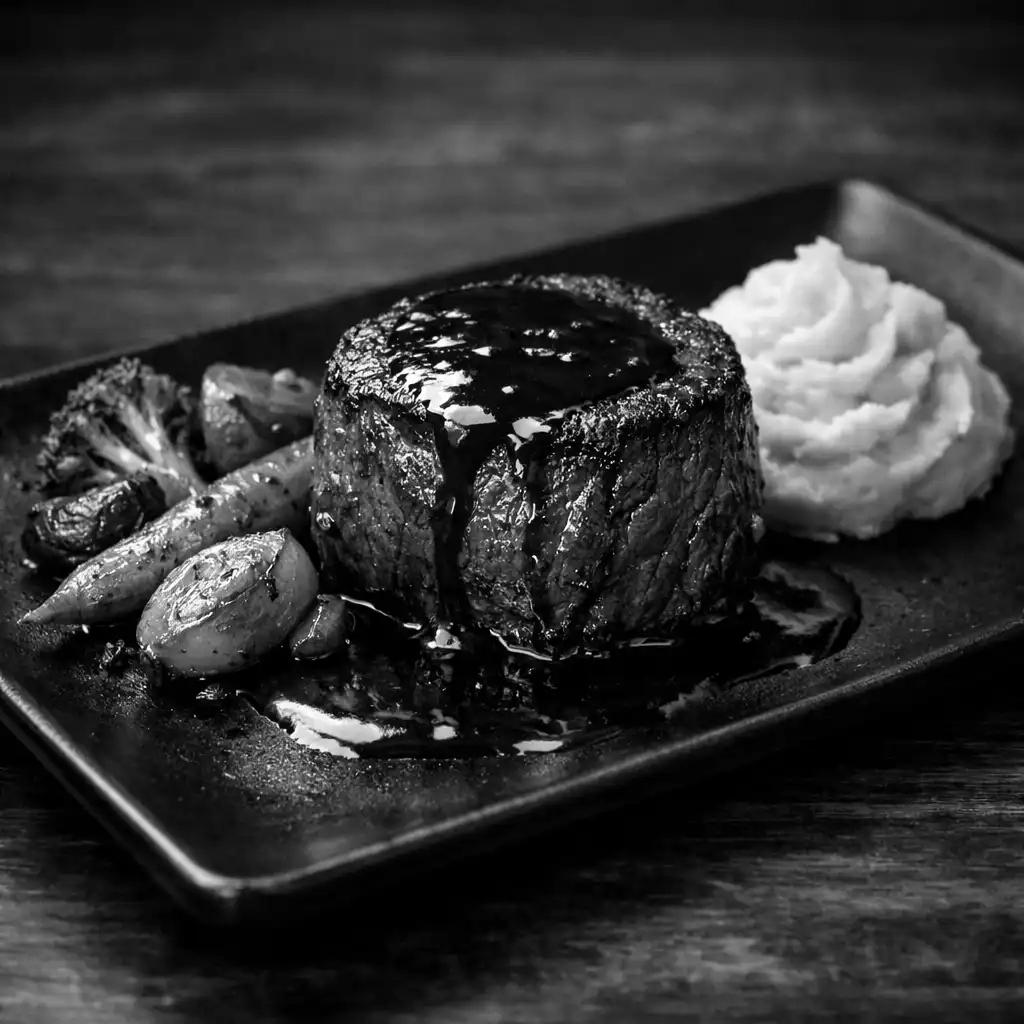 Beef fillet with red wine reduction, roasted vegetables, and mashed potatoes on a black rectangular plate