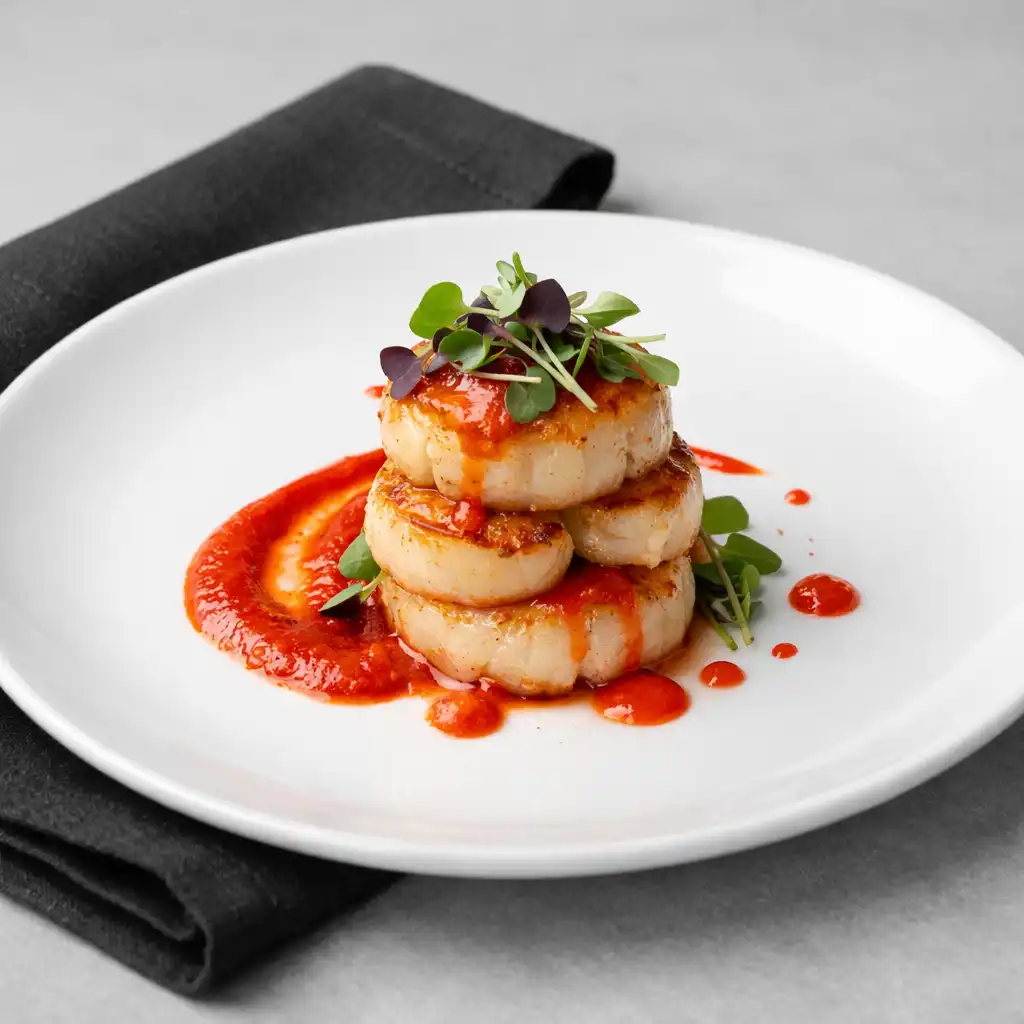 Seared scallop starter with red pepper coulis and microgreens on a white plate