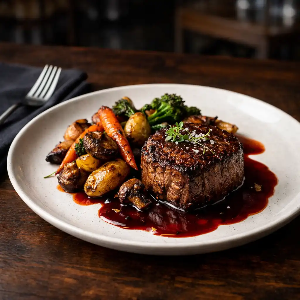 Beautifully plated gourmet dish with seared steak and roasted vegetables