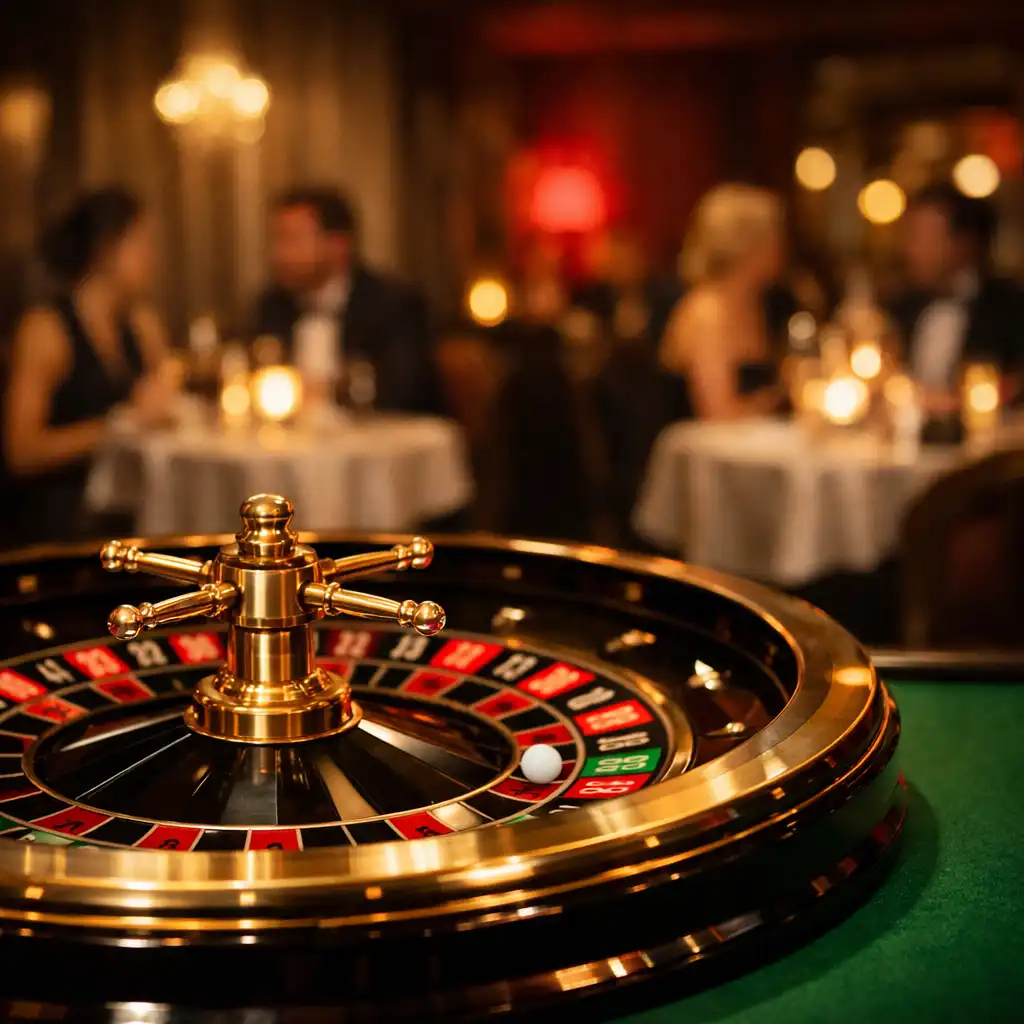 Close-up of a roulette wheel on a green felt table during a themed evening