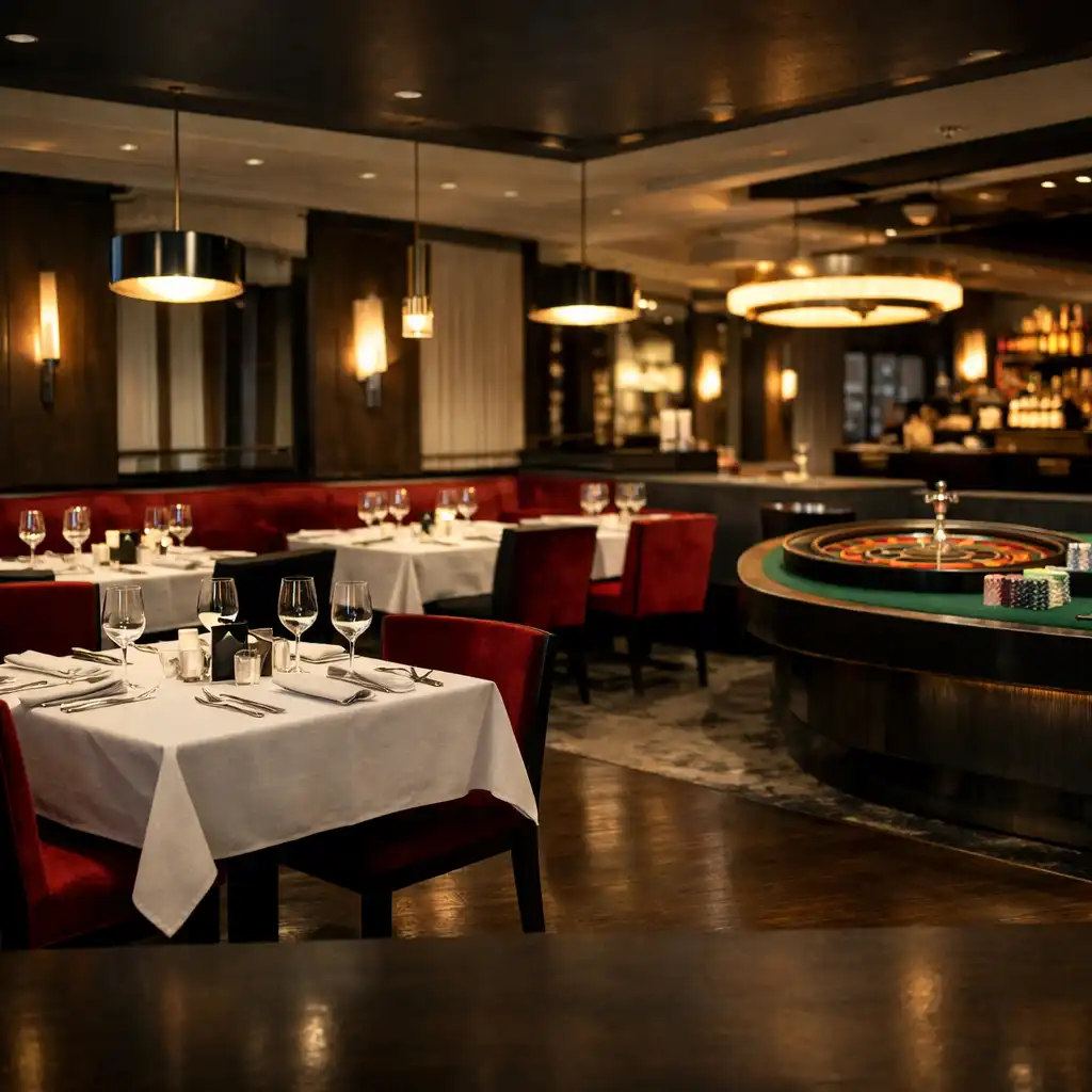 Elegant restaurant interior with a subtle casino-inspired ambiance and a roulette table in the background