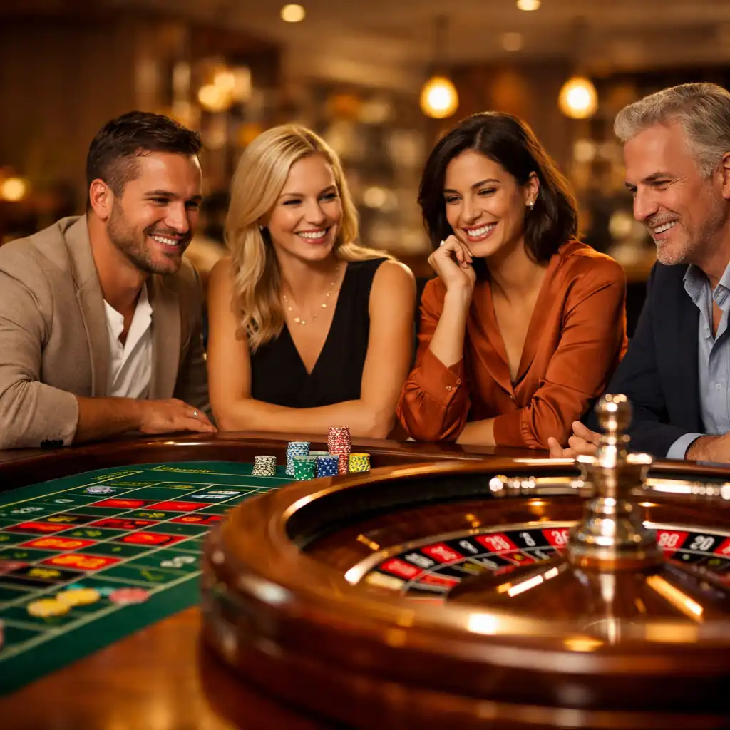 Stylish guests gathered around a roulette table in an upscale restaurant setting