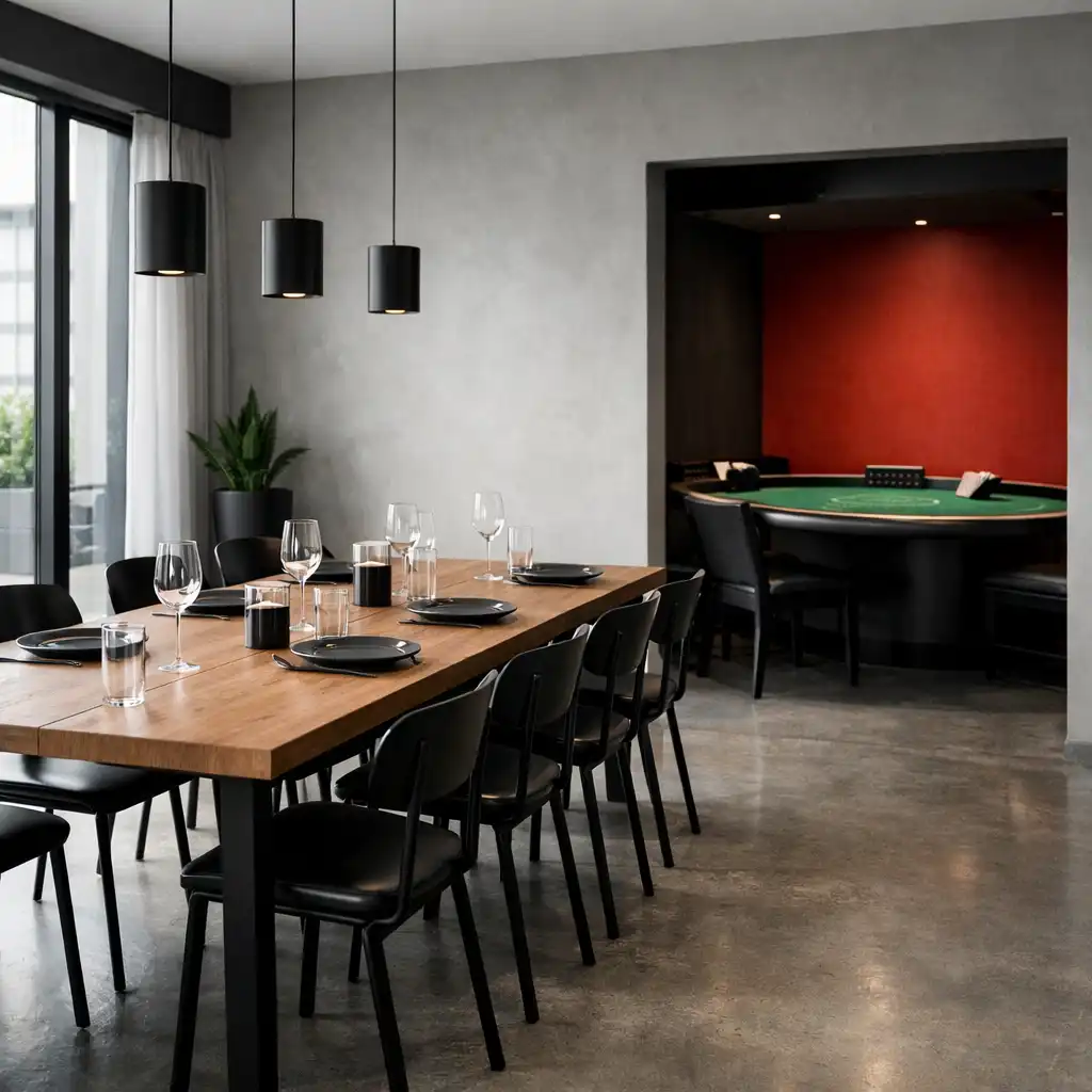 Contemporary restaurant dining area with minimalist design and a partially visible blackjack table