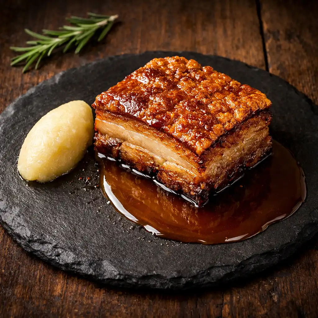 Twice-cooked pork belly with apple purée and calvados jus