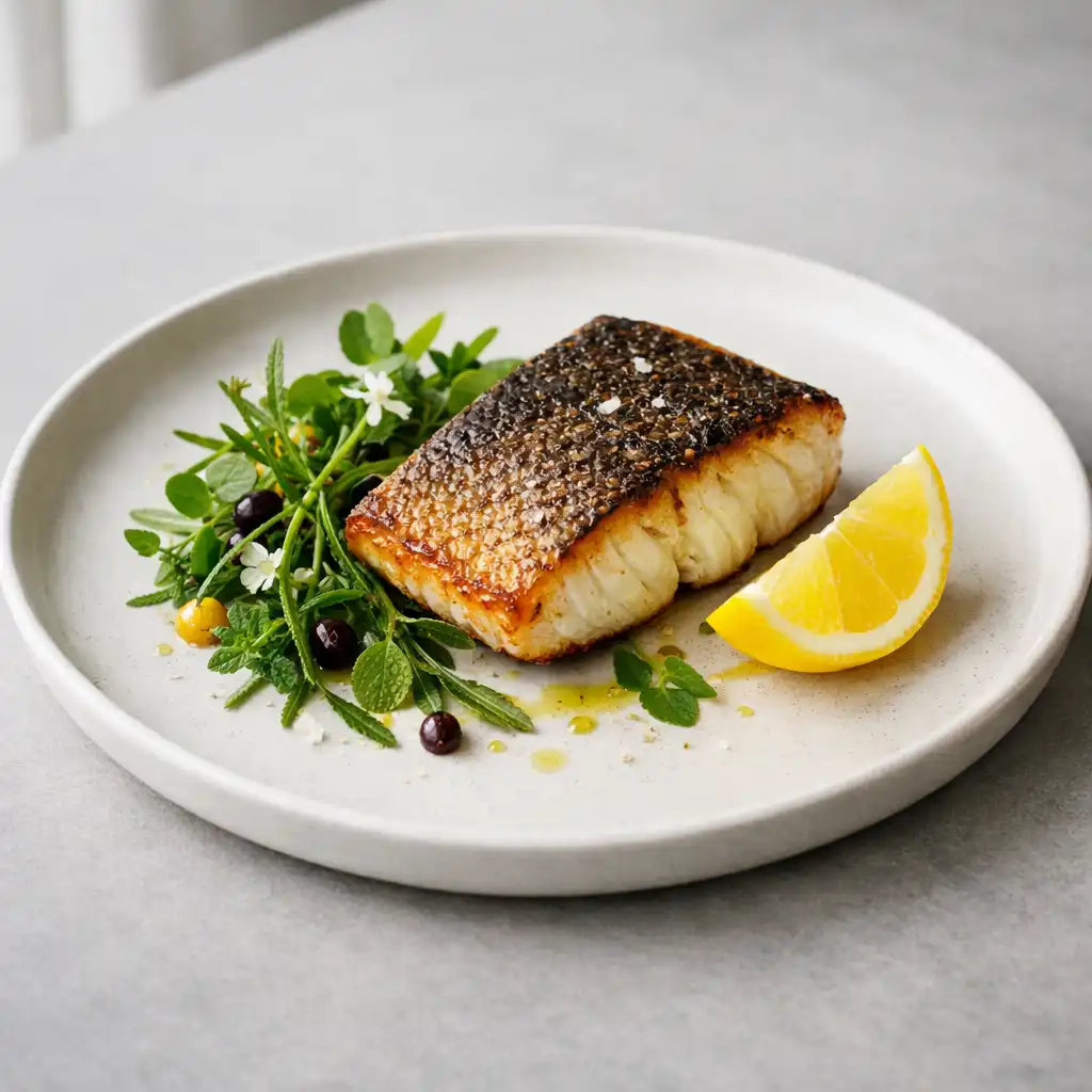 Seared barramundi with native herbs and lemon on a white plate