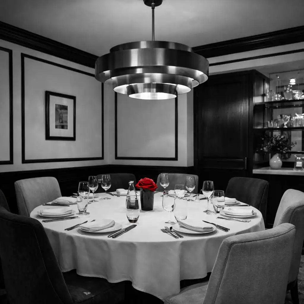 Intimate private dining room with a round table set for six, upholstered chairs, and a statement pendant light