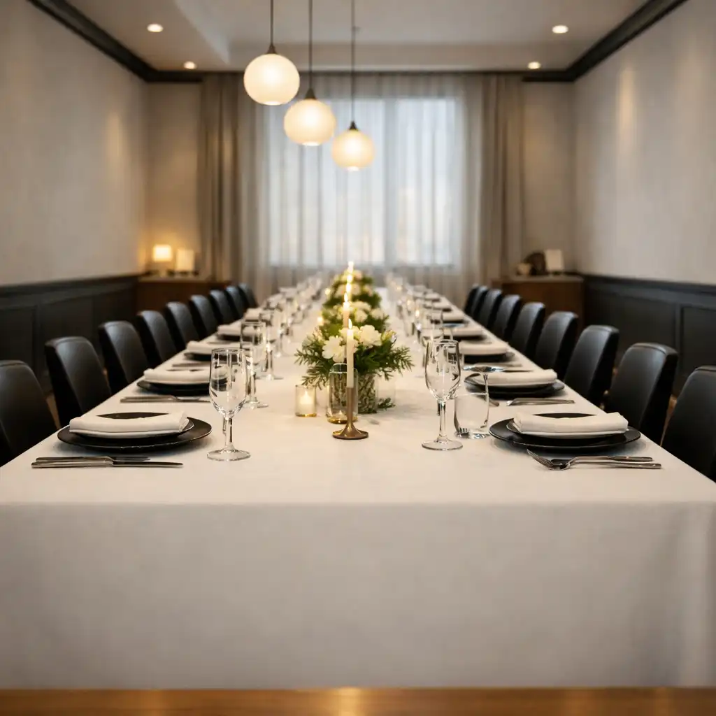 Elegant private dining room set with a long white-linen table and modern black chairs