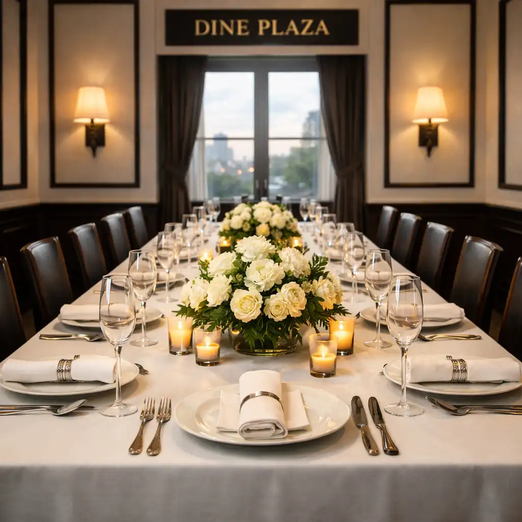Private dining room at Perfect-Way-Consulting Szolgáltató Betéti Társaság with a long wooden table, white tablecloth, elegant place settings, and white flower centerpiece
