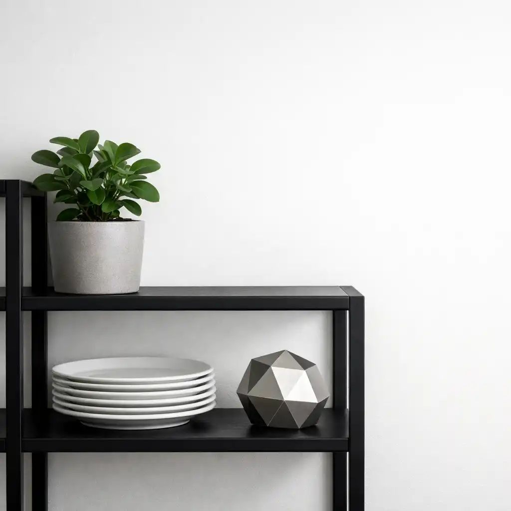 Corner of Perfect-Way-Consulting Szolgáltató Betéti Társaság interior with a black metal shelf holding minimalist decor, a small plant, white plates, and a geometric sculpture