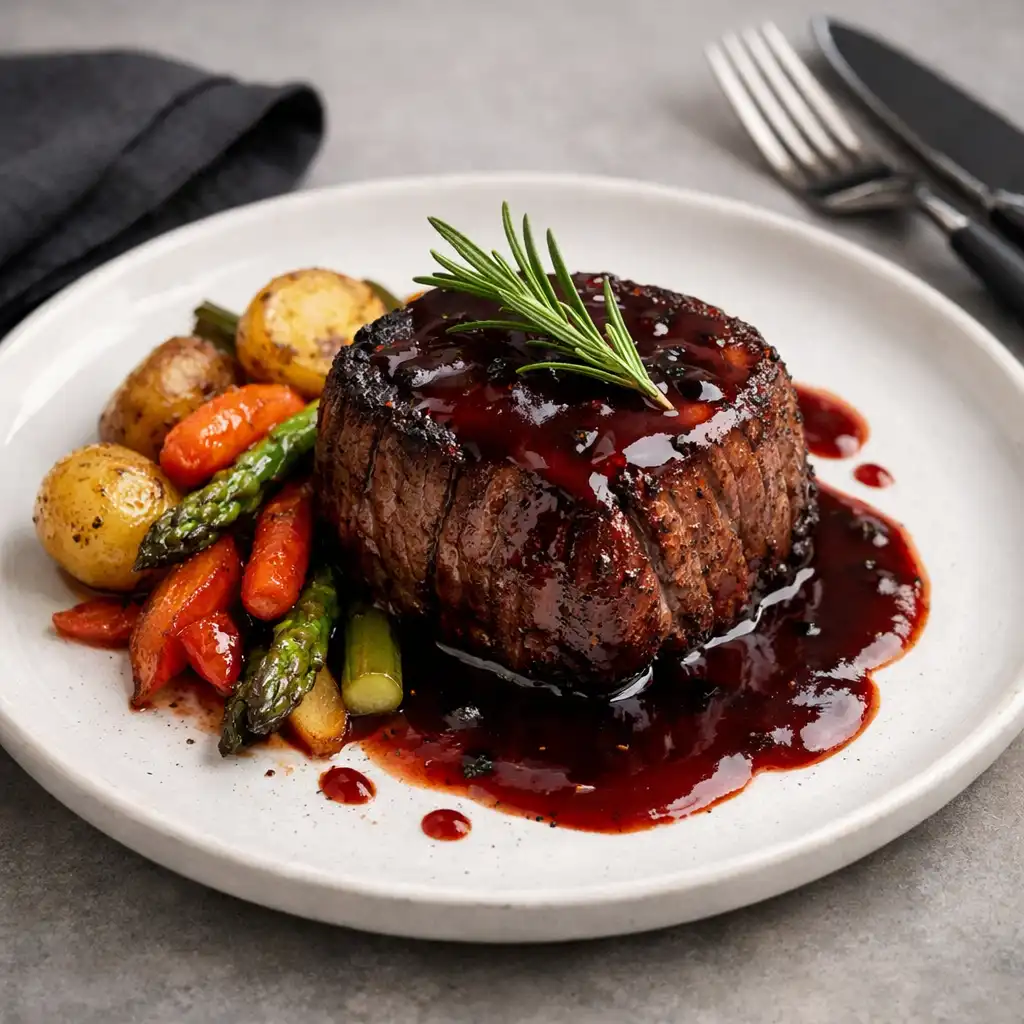 Perfectly seared Australian beef fillet with red wine reduction, roasted vegetables, and rosemary on a white ceramic plate