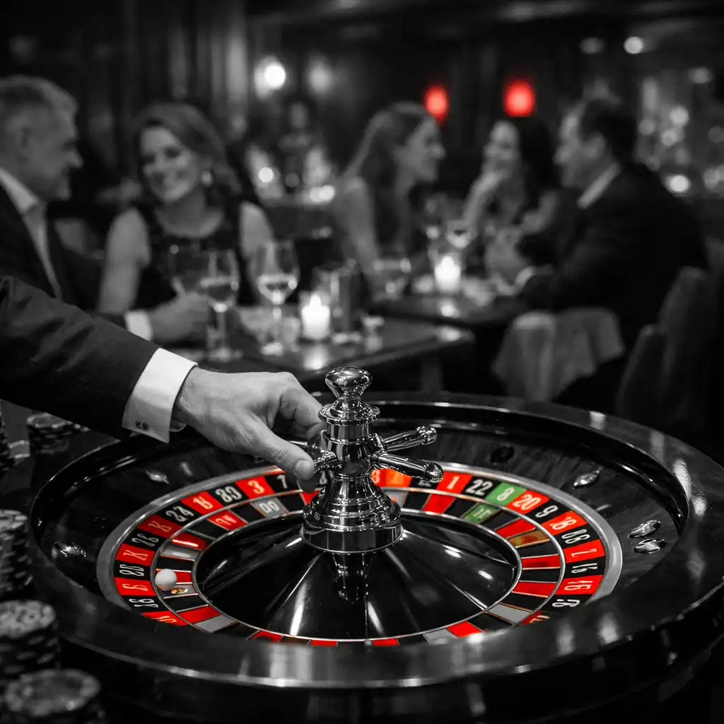 Roulette table in the foreground during a themed evening, with guests enjoying drinks in the softly lit background