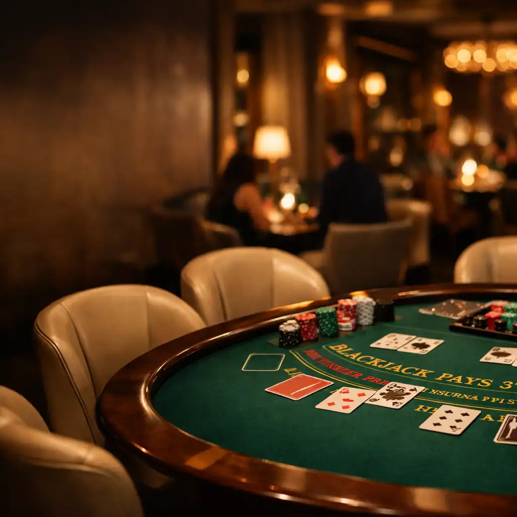 A sophisticated blackjack table with green felt, cards, and chips in an upscale restaurant setting